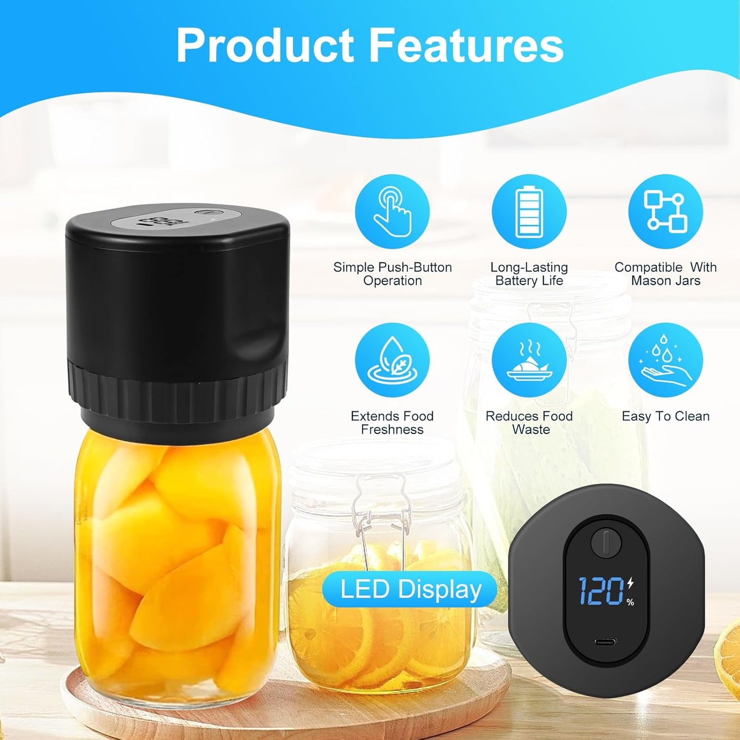 Euakee Electric Vacuum Jar Sealer Kit, Vacuum Sealer for Wide Mouth and Regular Jars, Automatic Stop Vacuum Sealer for Wine Bottle Jars