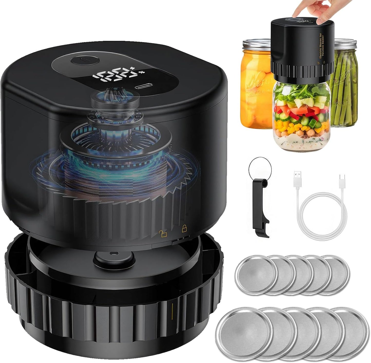 Euakee Electric Vacuum Jar Sealer Kit, Vacuum Sealer for Wide Mouth and Regular Jars, Automatic Stop Vacuum Sealer for Wine Bottle Jars